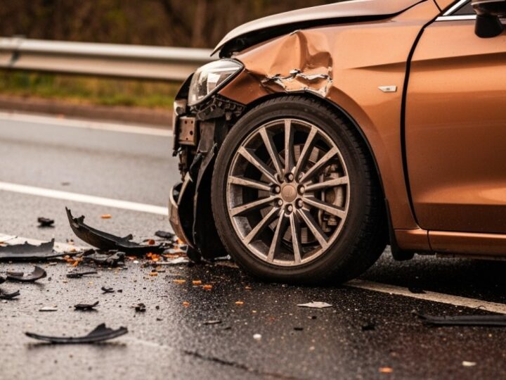 Mercedes w rowie po groźnym wypadku na DK19: kierowca nie zauważył wysepki