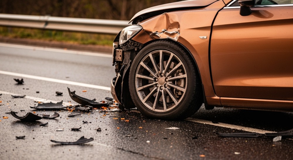 Mercedes w rowie po groźnym wypadku na DK19: kierowca nie zauważył wysepki